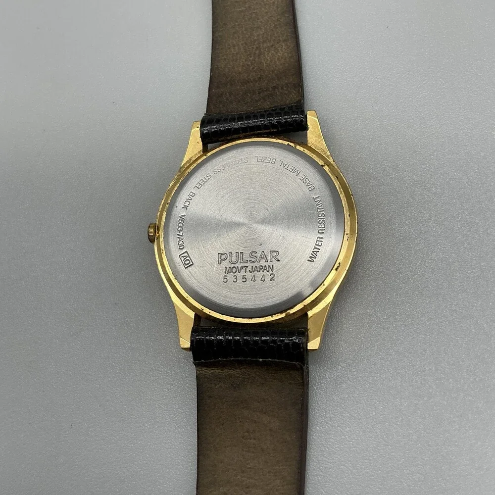Vtg Pulsar Mens Watch 34mm V593-7A30 Black Leather Day Date New Battery